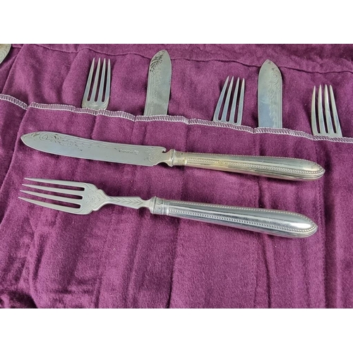 186 - A set of six pairs of Victorian silver bead pattern fish knives and forks, by Martin Hall & Co, ... 