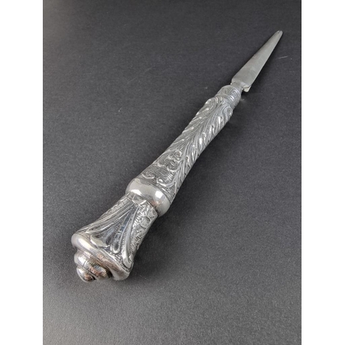 20 - A white metal handled page turner, stamped '925', 32cm long.