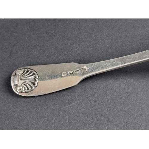 201 - A George III silver fiddle and shell pattern sifter ladle, by William Eley I & William Fearn, Lo... 