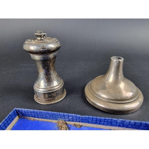 214 - A silver pepper grinder; together with a folding fruit knife with silver blade; five silver bean han... 