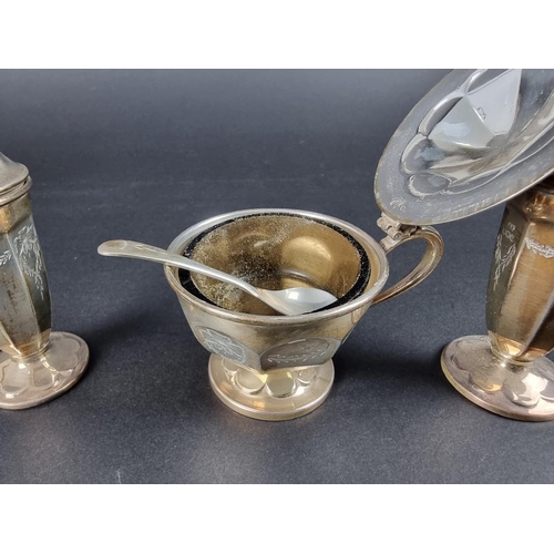 217 - A 1960s silver three piece condiment set, by Viner's Ltd, Sheffield, different dates, 220g.... 