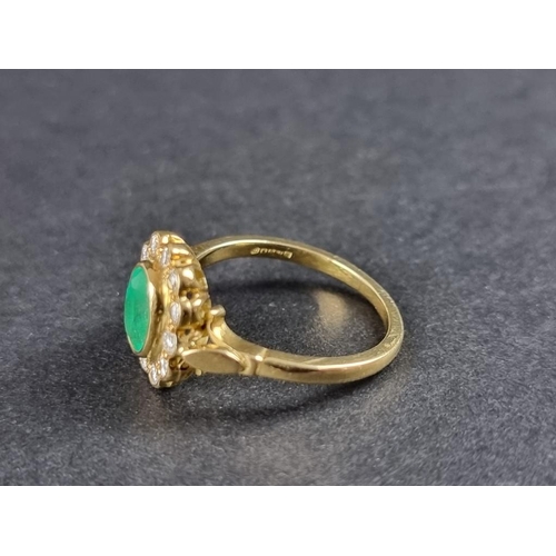 278 - An 18ct gold emerald and diamond cluster ring, set central faceted emerald surrounded by twelve bril... 