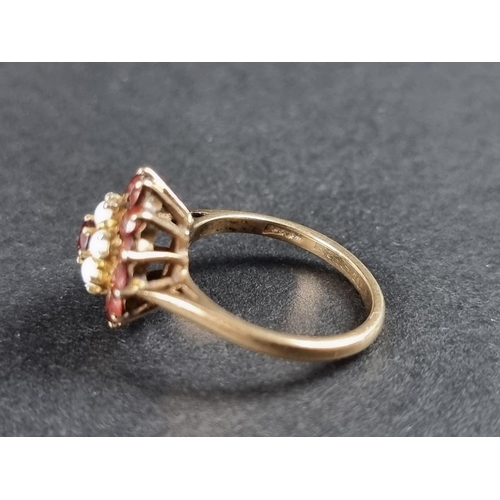 305 - A yellow metal garnet and opal cluster ring, stamped 9ct, size K.