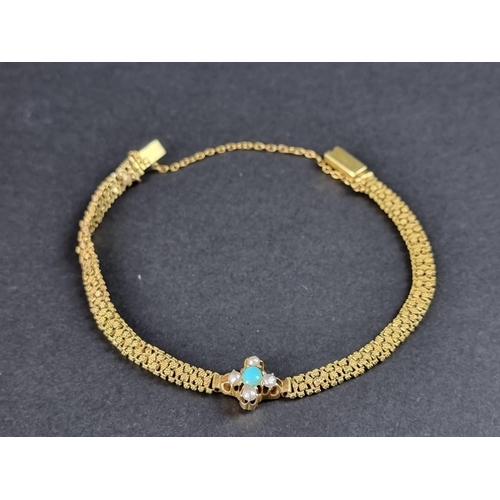 333 - A small Victorian yellow metal bracelet, of fine interlocking links to a split turquoise and seed pe... 