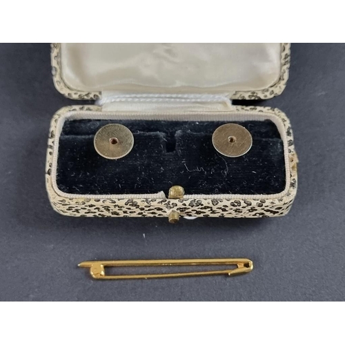 342 - A pair of yellow metal dress studs and bar brooch, stamped '9ct', 3.3g.