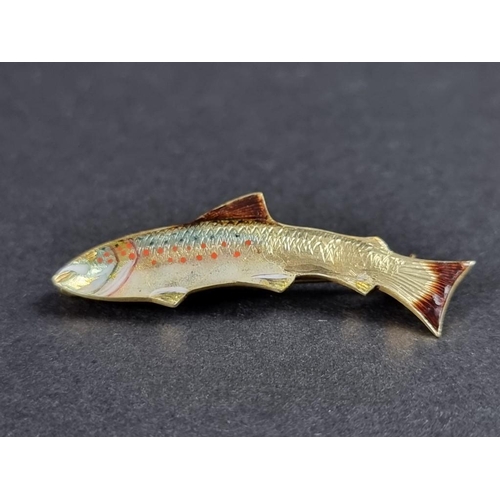 345 - A yellow metal and enamel trout bar brooch, stamped 18ct, 42mm. (enamel damaged).