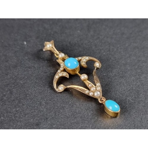 352 - An Art Nouveau turquoise and split pearl pendant, in a yellow metal setting, 43mm high.... 