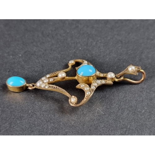 352 - An Art Nouveau turquoise and split pearl pendant, in a yellow metal setting, 43mm high.... 