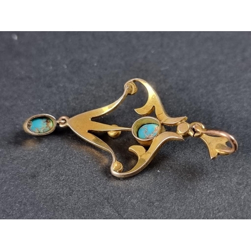 352 - An Art Nouveau turquoise and split pearl pendant, in a yellow metal setting, 43mm high.... 