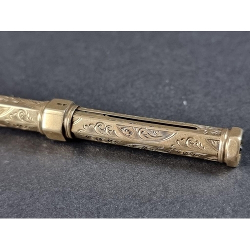 357 - A Victorian yellow metal propelling pencil, with white agate inset seal top, inscribed 'Wm Wilford',... 