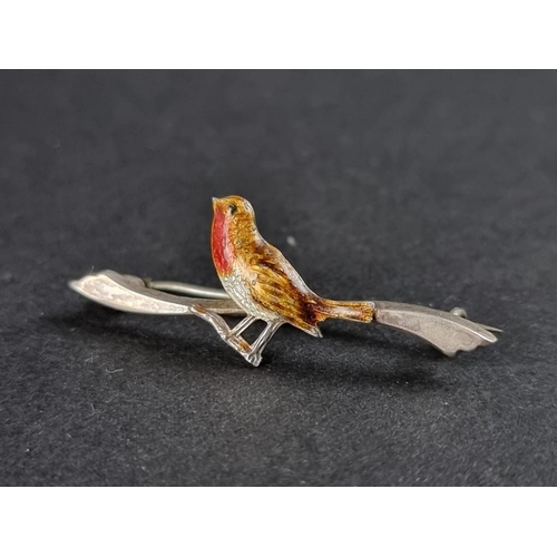 364 - A small white metal and enamel robin brooch, stamped 'sterling silver', 34mm.