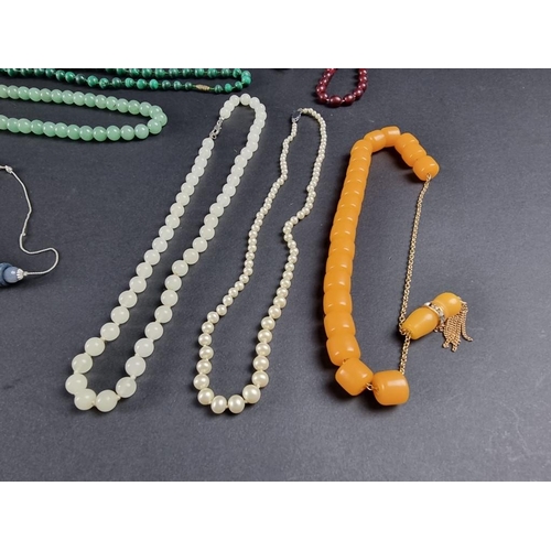 413 - A malachite bead necklace; together with various costume jewellery and other items.