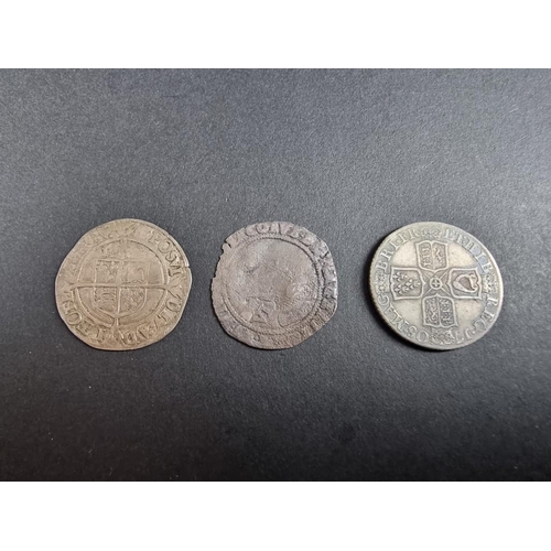 488 - Coins: a James I 1606 silver sixpence; together with an Elizabeth I silver shilling; and an Anne 170... 