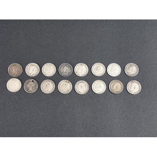 493 - Coins: fifteen silver threepenny bits, Victoria to George V