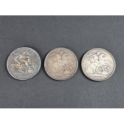 496 - Coins: three Victoria silver crowns, 1888, 1889 and 1891.