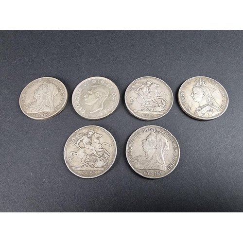 500 - Coins: four Victoria silver crowns; together with an Edward II 1902 silver crown; and a George VI si... 