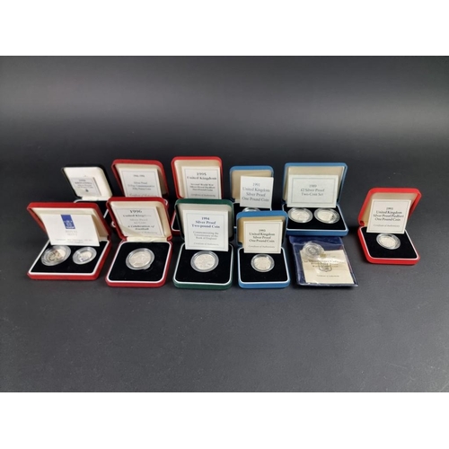 519 - Coins: eleven Royal Mint silver proof coins, 1989-96, each with CoA and box.