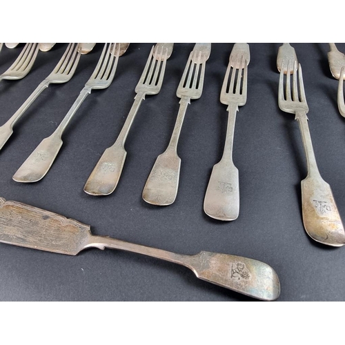 78 - A part canteen of Victorian silver fiddle pattern cutlery, by Francis Higgins III, London 1890, 3320... 