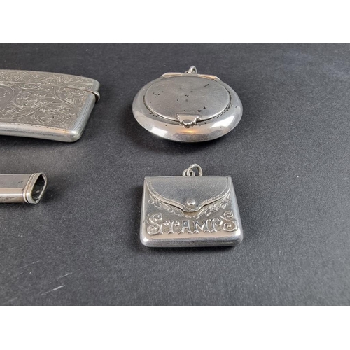 92 - A group of silver items, to include a card case, by William Neale, Birmingham 1905; and a stamp case... 