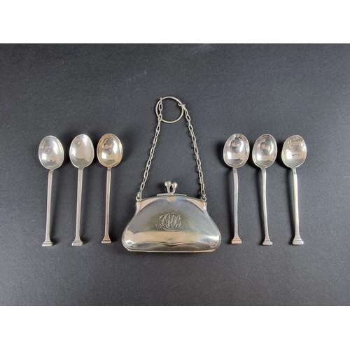 95 - Six various silver seal top coffee spoons; together with an EPNS purse. (7)