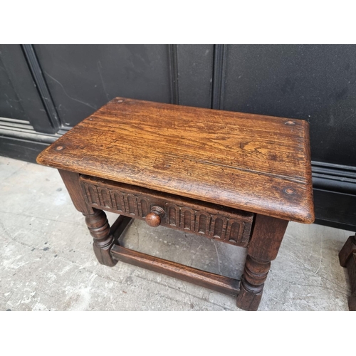 1139 - A small reproduction oak joint stool, with drawer, 48cm wide; together with a similar drop leaf tabl... 