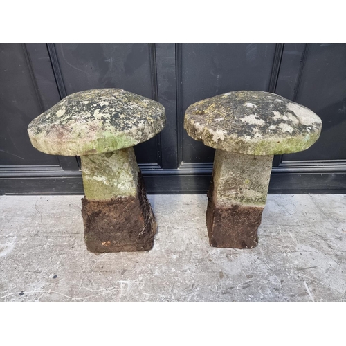 1176 - A near pair of old weathered sandstone staddle stones, 70cm high.