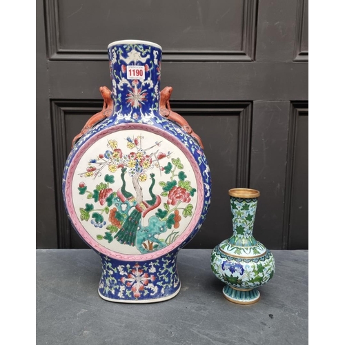 1190 - A large Chinese famille rose twin handled moon flask, 47cm high, (hairline cracks); together wi... 