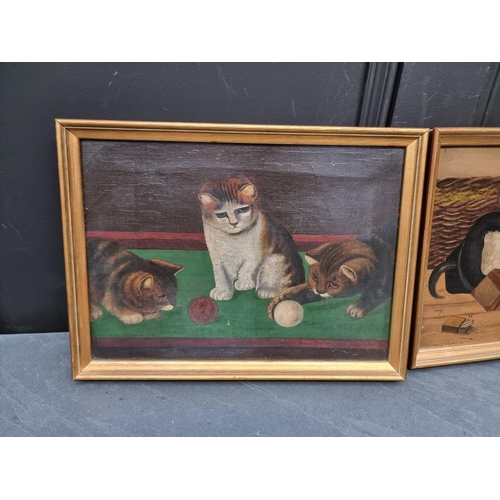 1274 - British Naive School, cats at play on a billiard table; puppies at play, a pair, oil on canvas, 24 x... 