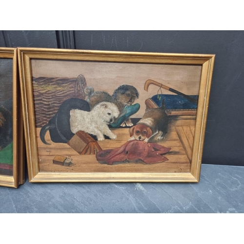 1274 - British Naive School, cats at play on a billiard table; puppies at play, a pair, oil on canvas, 24 x... 