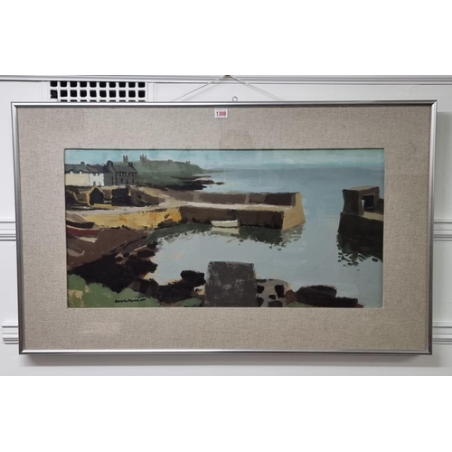 1308 - Donald Mclntyre, 'Calm Day, Craster', signed, labelled verso, acrylic, 40 x 80cm.Provenence: Thacker... 