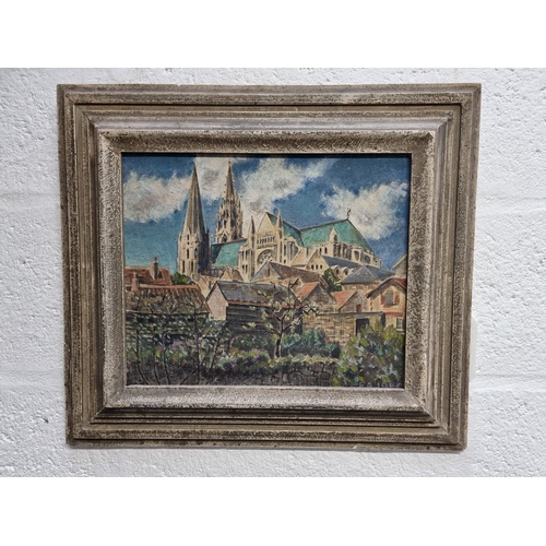 1314 - Faith Ashford, 'Chartres', extensively labelled verso, oil on canvas, 28 x 34cm.