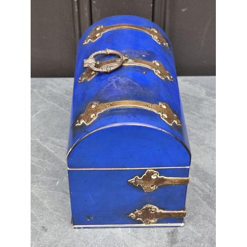 1332 - An unusual late 19th century blue lacquered and brass dome top casket, 23.5cm wide, (incorporating i... 