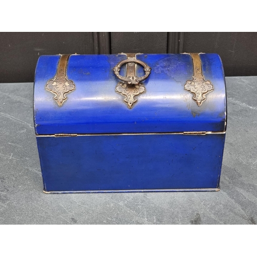 1332 - An unusual late 19th century blue lacquered and brass dome top casket, 23.5cm wide, (incorporating i... 