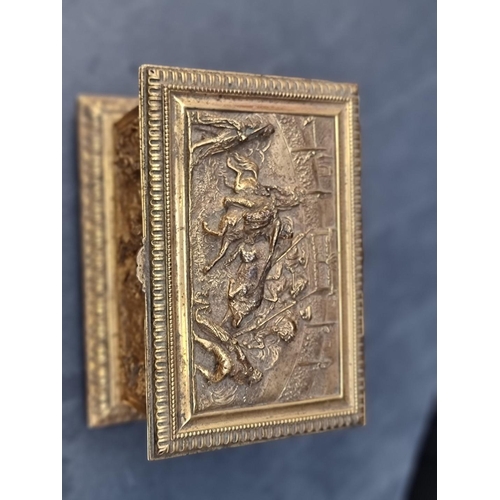 1365 - An antique French gilt metal musical jewellery box, relief decorated with figures, stamped 'L Oudry,... 