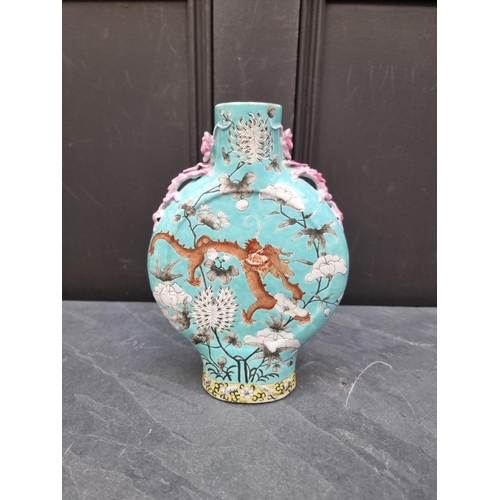 1435 - A Chinese turquoise ground moon flask, 23.5cm high.