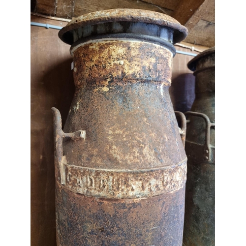 1559 - Two large old metal milk churns, inscribed 'Cadbury Bros Ltd', 75cm high.