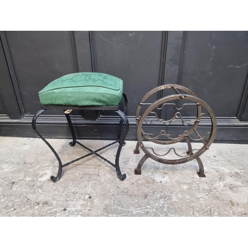 1561 - A wrought iron and upholstered stool; together with a small steel wine rack, 41cm wide. (2)... 