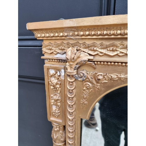 1102 - A large Victorian gilt gesso framed overmantel mirror, 153 x 139cm, (losses).