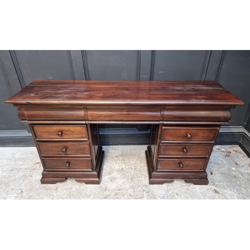 1107 - A reproduction stained hardwood pedestal desk, 152cm wide.