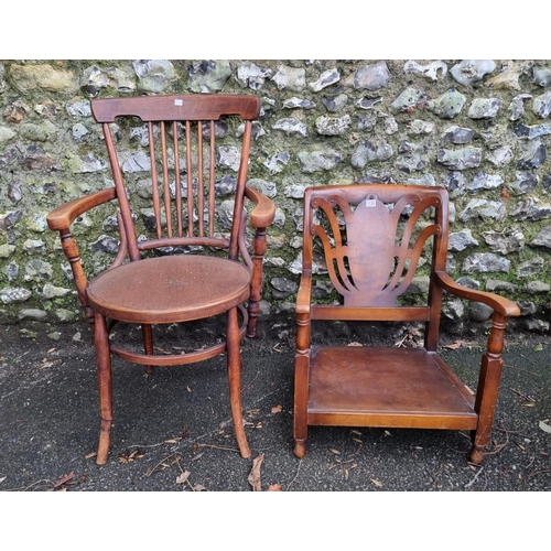 1135 - An antique beech elbow chair; together with a 1930s walnut low occasional chair. (2)... 