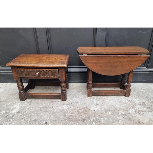 1139 - A small reproduction oak joint stool, with drawer, 48cm wide; together with a similar drop leaf tabl... 