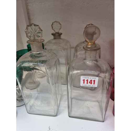 1141 - A collection of antique clear and coloured glass. (two shelves)