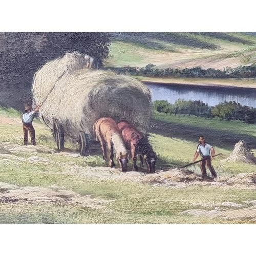 1160 - D C Francois, the hay harvest, signed, oil on canvas, 58.5 x 118cm.