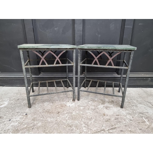 1162 - A pair of steel and green marble top garden tables, 59 high x 49cm wide. (2)