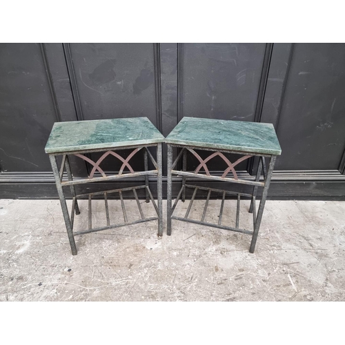 1162 - A pair of steel and green marble top garden tables, 59 high x 49cm wide. (2)