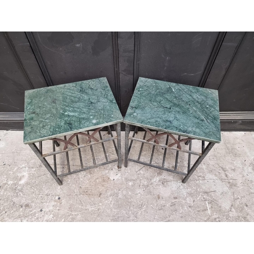 1162 - A pair of steel and green marble top garden tables, 59 high x 49cm wide. (2)