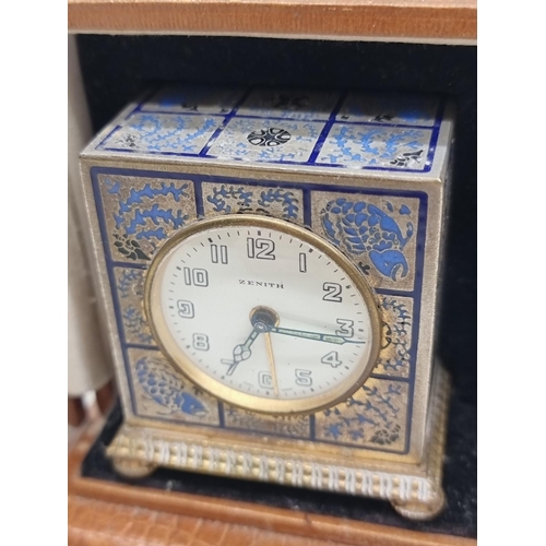 1230 - A Zenith champleve enamel travelling alarm clock, circa 1920s, 6cm high, in simulated crocodile... 