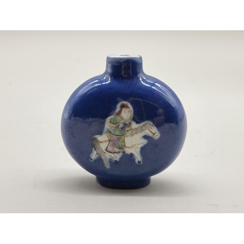 1233 - A Chinese Kangxi style powder blue famille verte small moon flask or large snuff bottle, 8cm hi... 