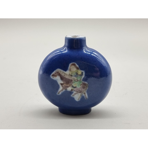 1233 - A Chinese Kangxi style powder blue famille verte small moon flask or large snuff bottle, 8cm hi... 