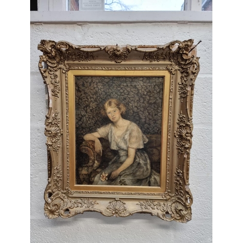 1266 - W Howe, three quarter length portrait of a seated lady, signed, oil on canvas, 50 x 40cm.... 